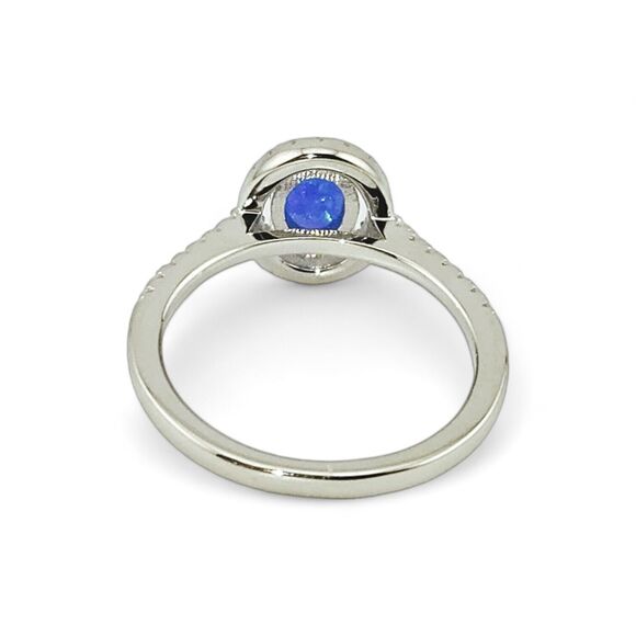 Sterling Silver 925 Blue Lab Opal and Clear CZ Oval Halo Ring - Picture 6 of 7